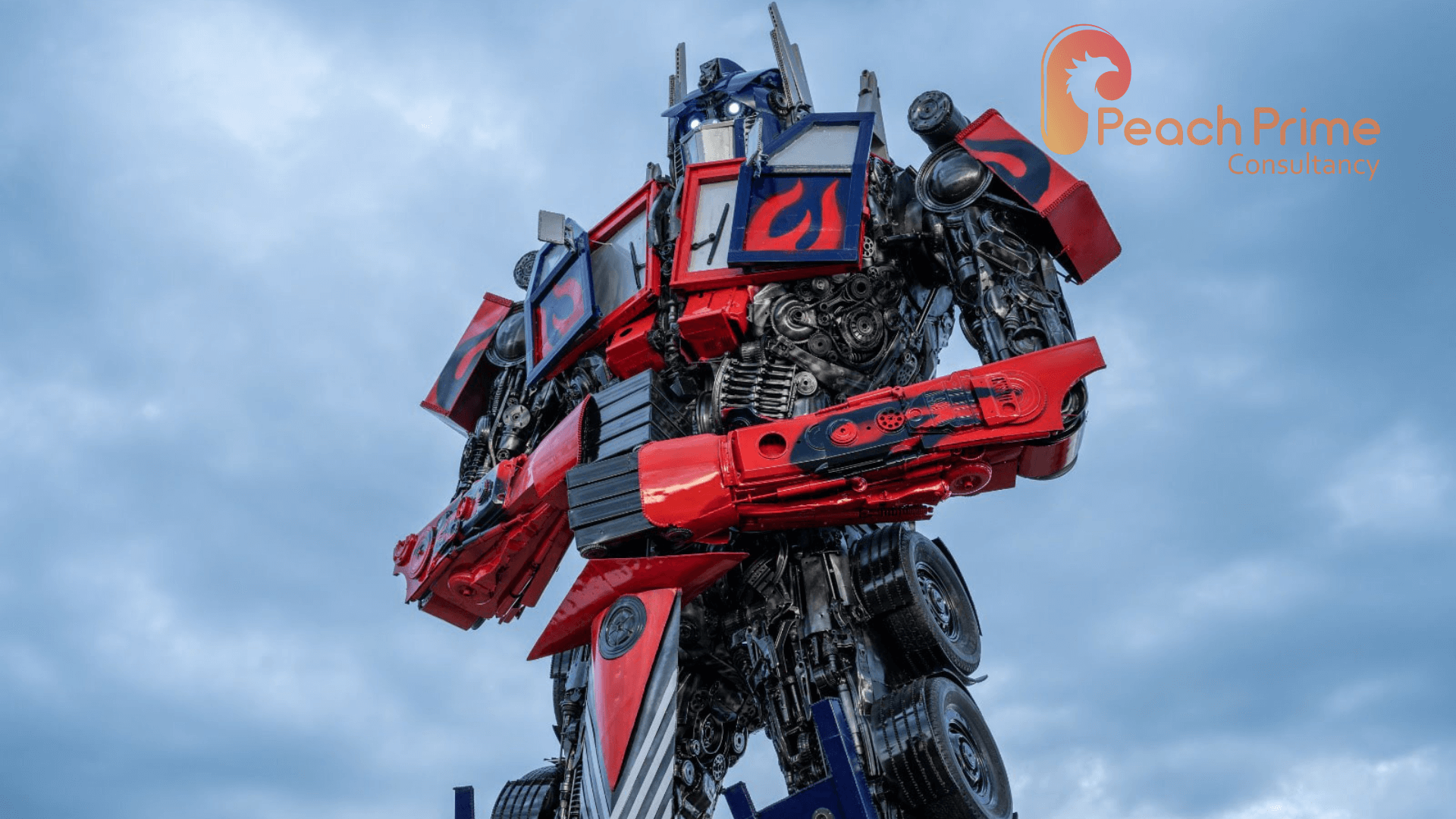 8M Tall Optimus Prime Transformer Sculpture at Science City - Peach Prime