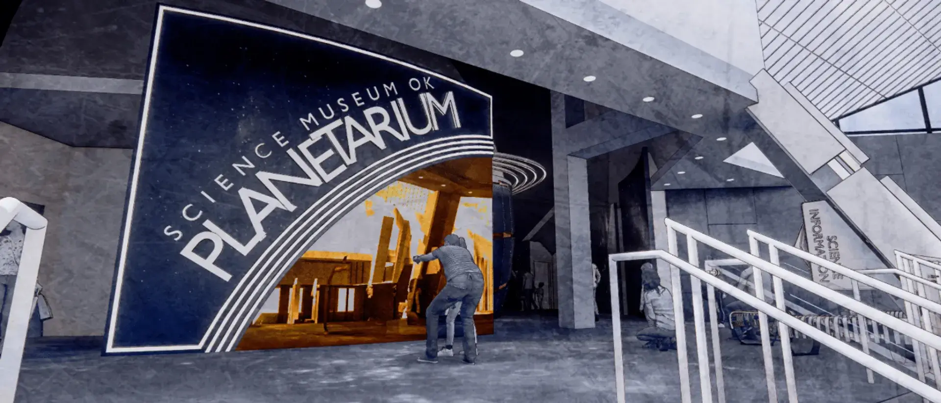 Interior view of a state-of-the-art planetarium dome showcasing a vivid projection of the night sky, surrounded by engaged visitors.