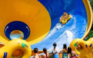 Exciting water slide and lazy river attractions in a water park